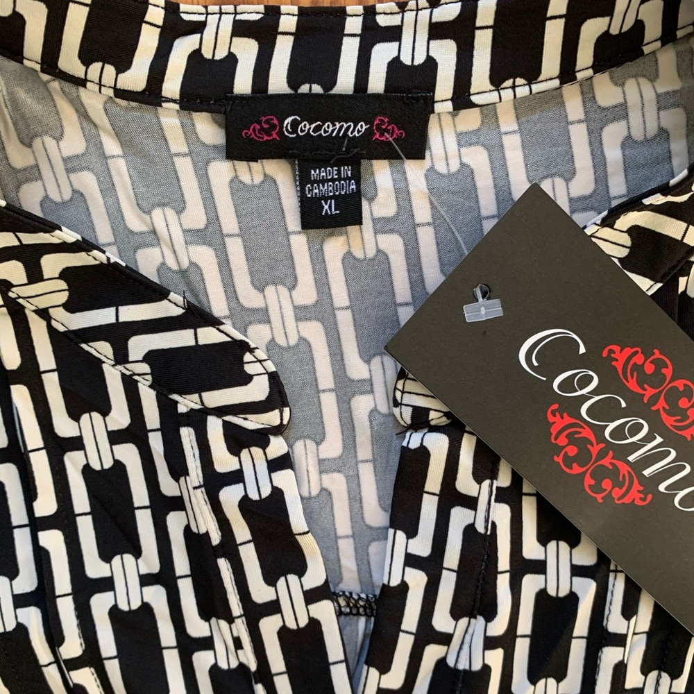 COCOMO XL Black White 3/4 sleeve women’s Pintuck Blouse tunic top shirt - Picture 10 of 15